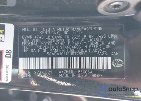 2024 Lexus Es 300H из США, поврежденный, VIN 58ADA1C14RU042657